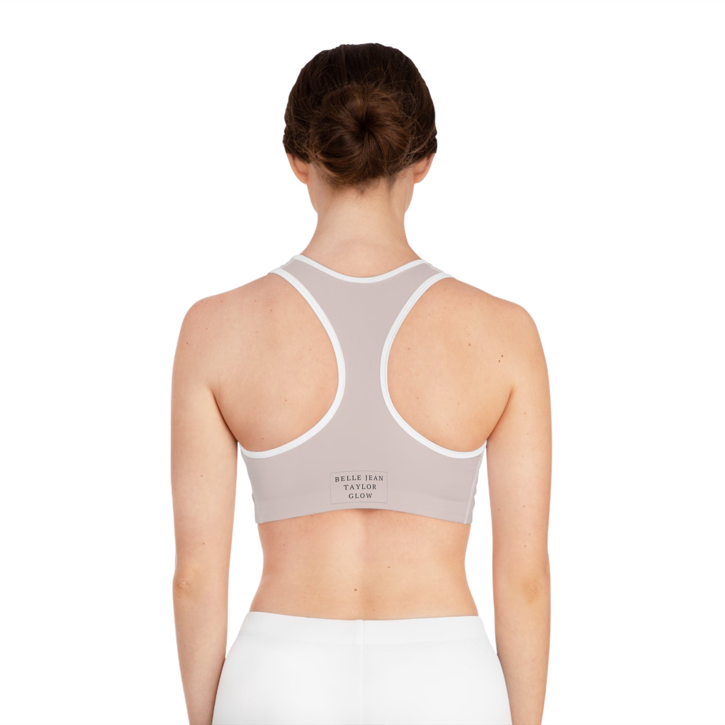 Neutral Blush Racerback Sports Bra — Minimalist Activewear with Back Logo