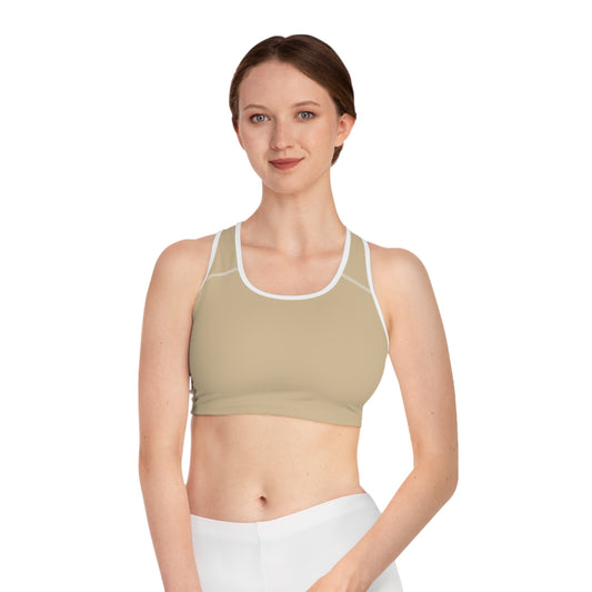Neutral Beige AOP Sports Bra — Minimalist Activewear with “BELLE JEAN TAYLOR GLOW” Back Detail