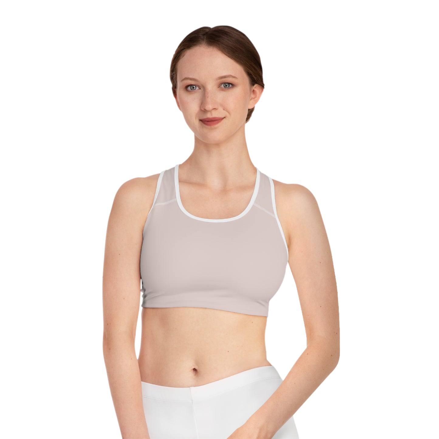 Neutral Blush Racerback Sports Bra — Minimalist Activewear with Back Logo
